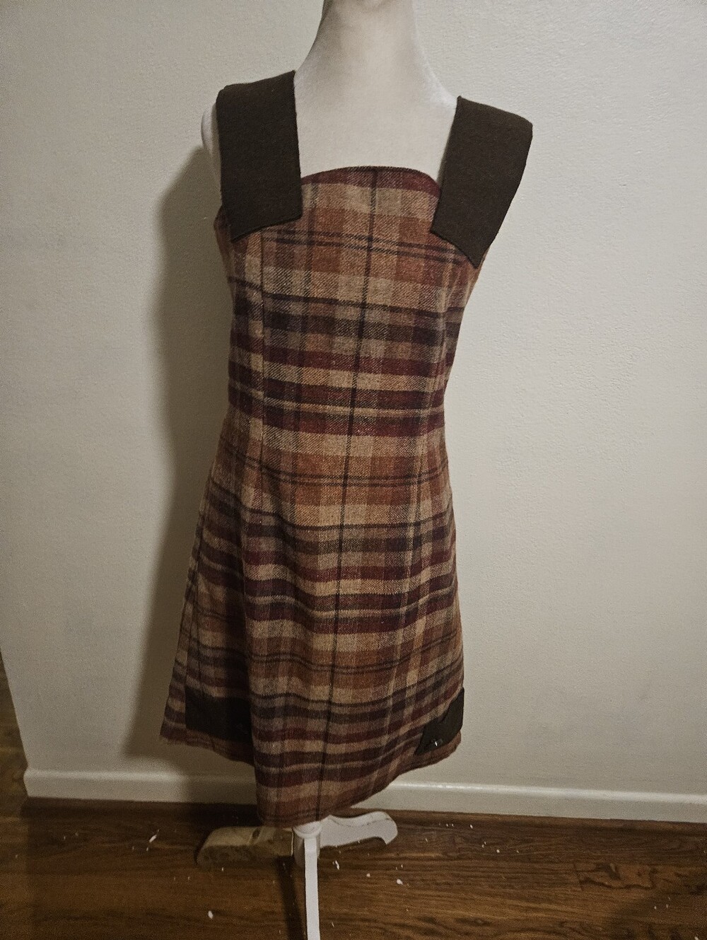 Wool Plaid Sleeveless A-Line Pinafore Dress  Brown Dark Academia Schoolgirl Xs S